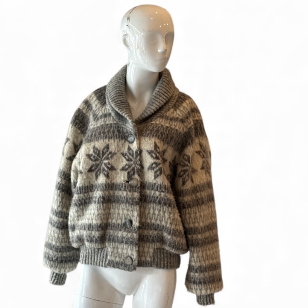 Vintage Hilda LTD Icelandic Wool Gray & Ivory Nordic Fair Isle Cardigan Size M
